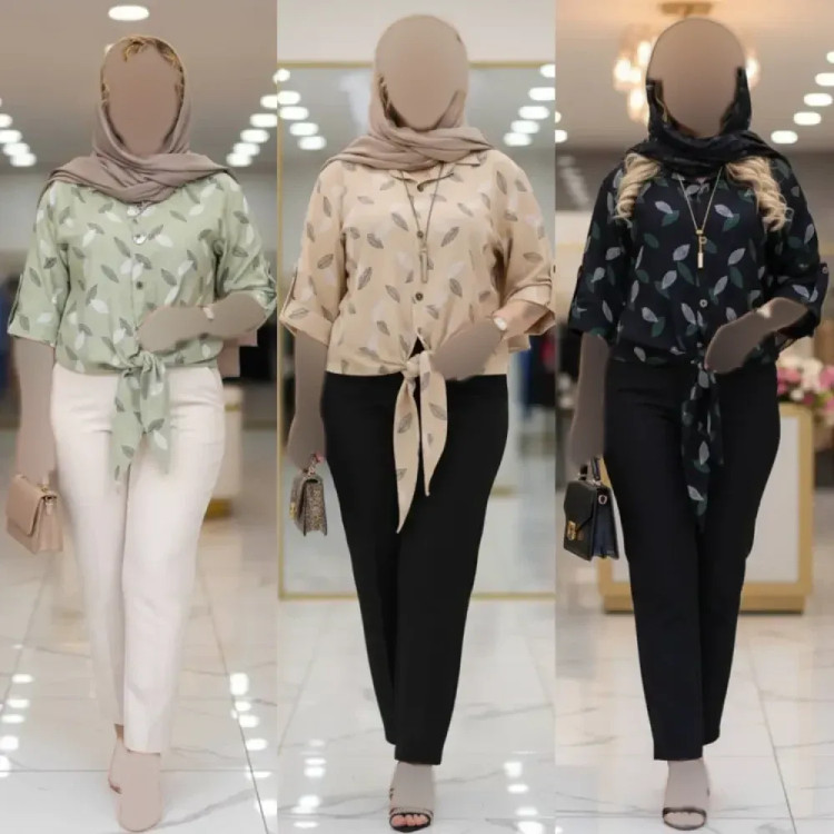 شومیز زنانه گره ای طرح برگی جنس شانتون فری سایز