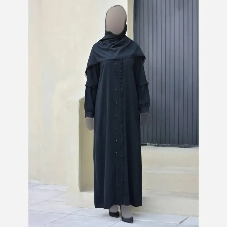 مانتو عبایی جیب دار مدل آفاق جنس کرپ ندا اماراتی مشکی