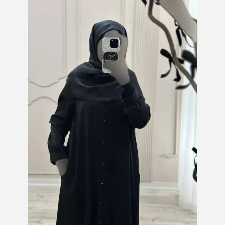 مانتو عبایی جیب دار مدل آفاق جنس کرپ ندا اماراتی مشکی