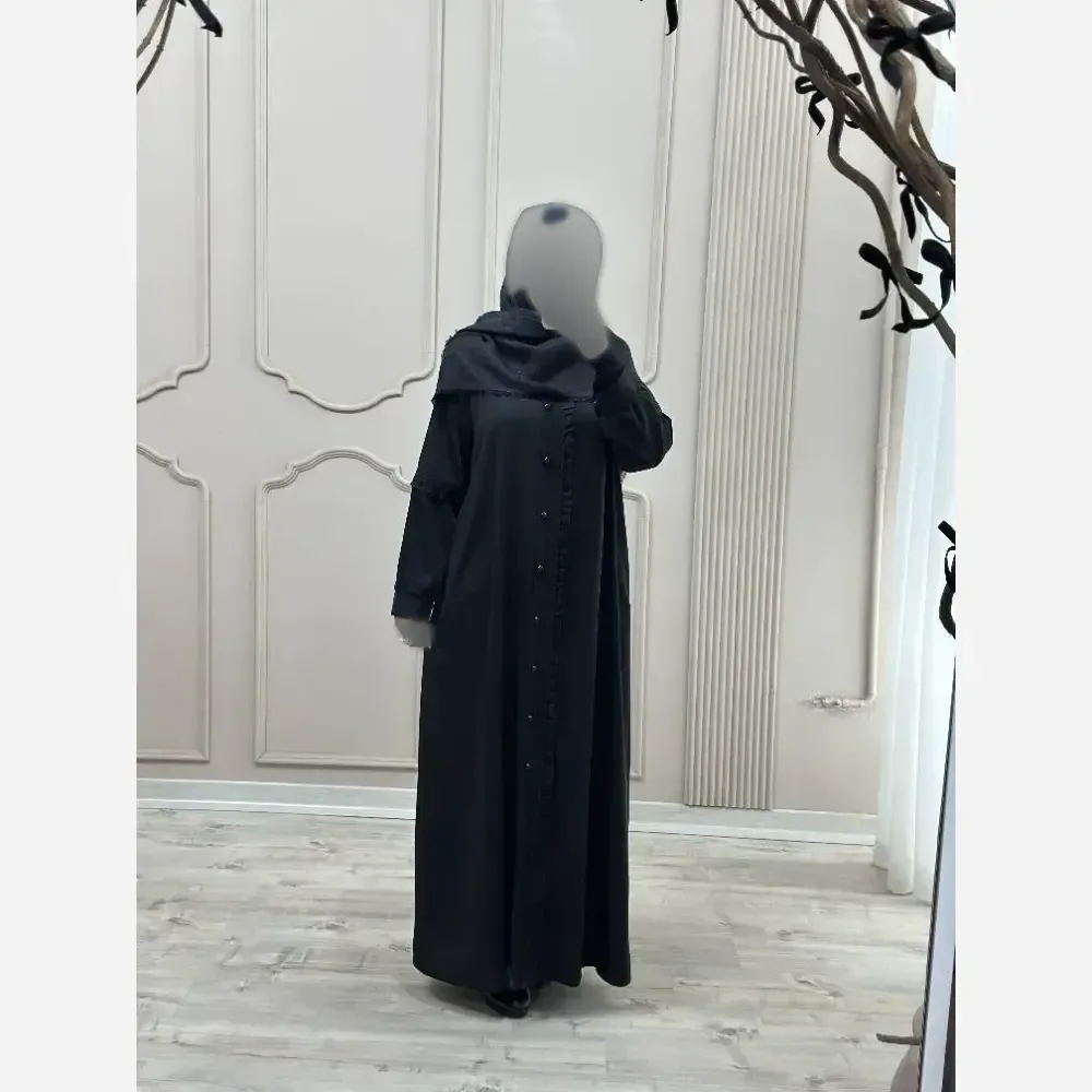 مانتو عبایی جیب دار مدل آفاق جنس کرپ ندا اماراتی مشکی