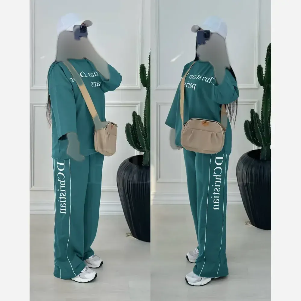 ست تیشرت و شلوار پنبه گلکسی کریستین دیور رنگی فری سایز زنانه