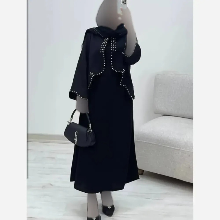 ست کت و سارافون زنانه مروارید دوزی شده جنس کرپ لینن رنگ مشکی فری سایز