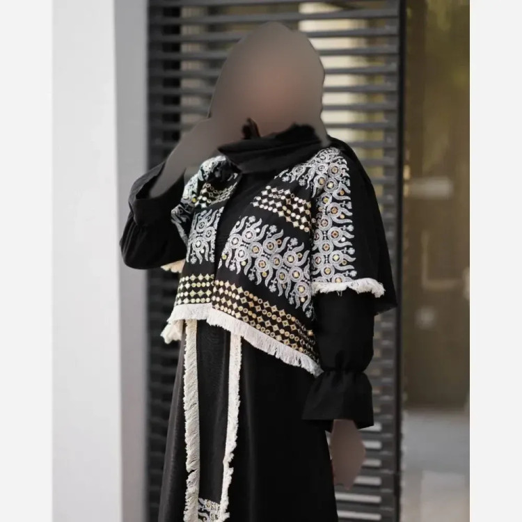 ست دوتیکه پانچ و پیراهن زنانه جنس لنین و کرسپو سوزن دوزی هندی رنگ مشکی قد 120