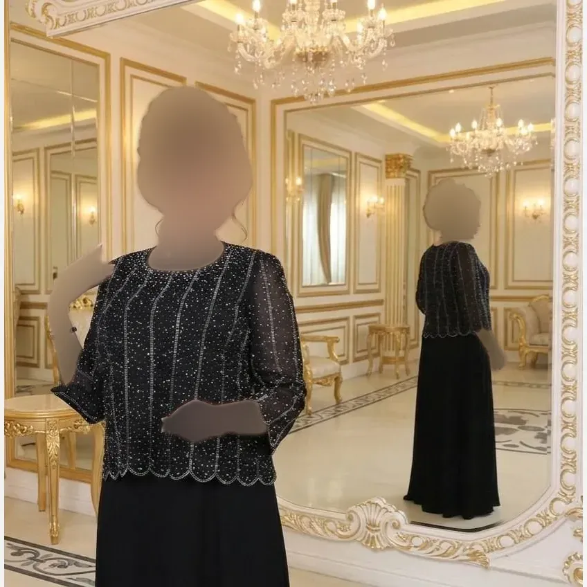 پیراهن مجلسی زنانه سایز بزرگ مدل ستاره با بالاتنه دی ام سی و دامن حریر شیفون مشکی سایز 48 تا 62