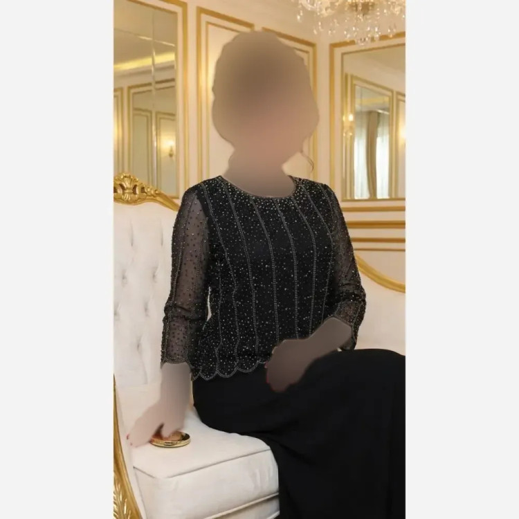 پیراهن مجلسی زنانه سایز بزرگ مدل ستاره با بالاتنه دی ام سی و دامن حریر شیفون مشکی سایز 48 تا 62
