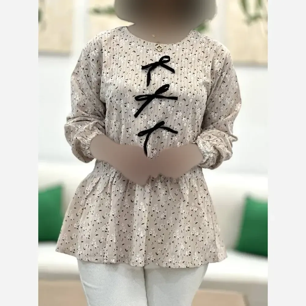 تونیک عروسکی زنانه جنس گل گچی رنگ استخونی فری سایز
