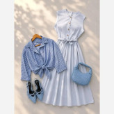 ست دو تیکه زنانه مدل هیوا شامل سارافون لینن و شومیز کرپ وارداتی