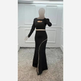 پیراهن ماکسی زنانه مجلسی پارچه مازراتی مشکی با کمربند نگیندار