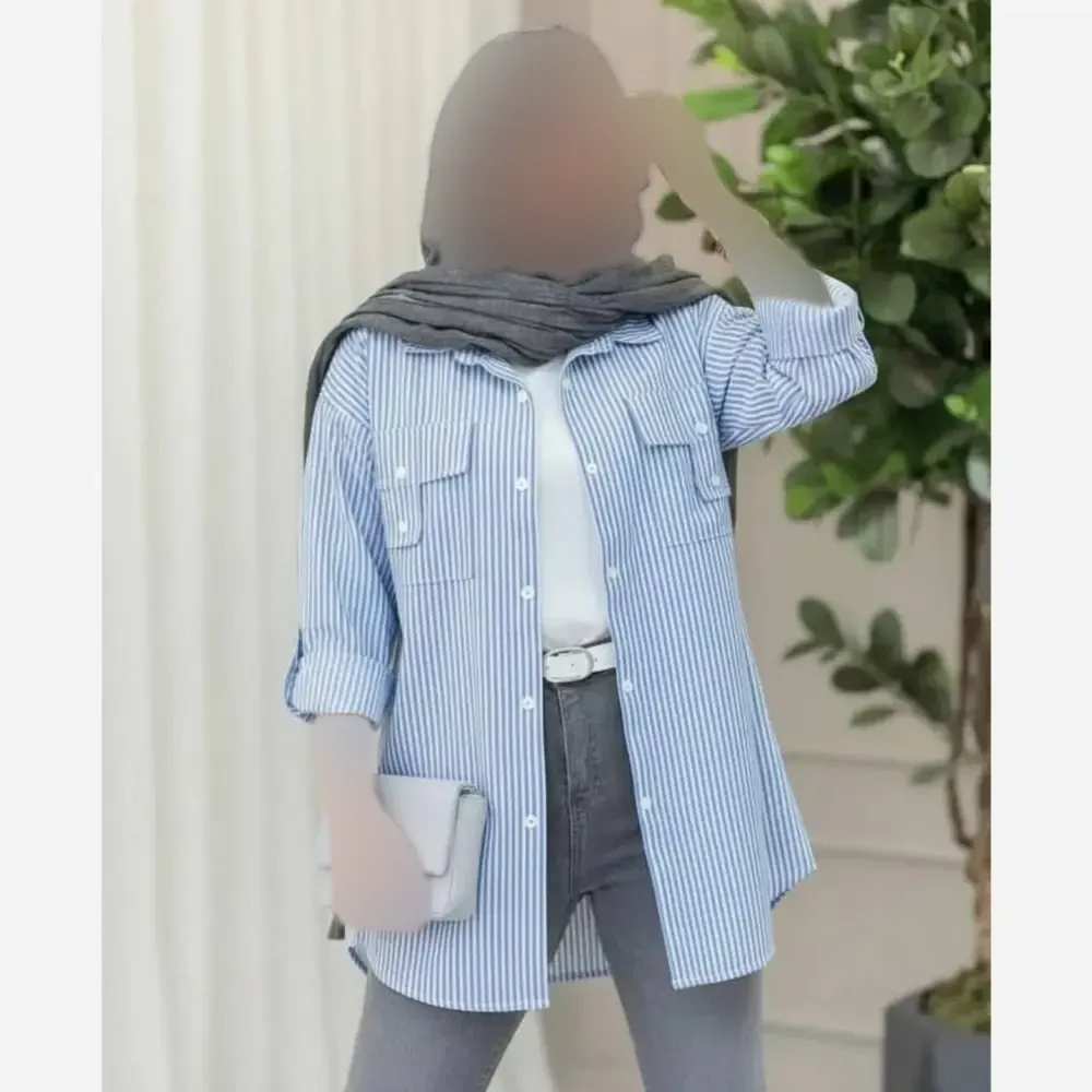 شومیز زنانه راه راه جیب صلیبی جنس لنین لاکرا سایز 38 تا 46