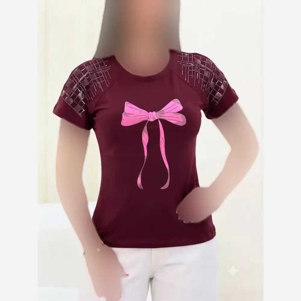 تی شرت باکسی نگینی طرح پاپیون جنس نخ پنبه فری سایز مناسب 38 تا 44