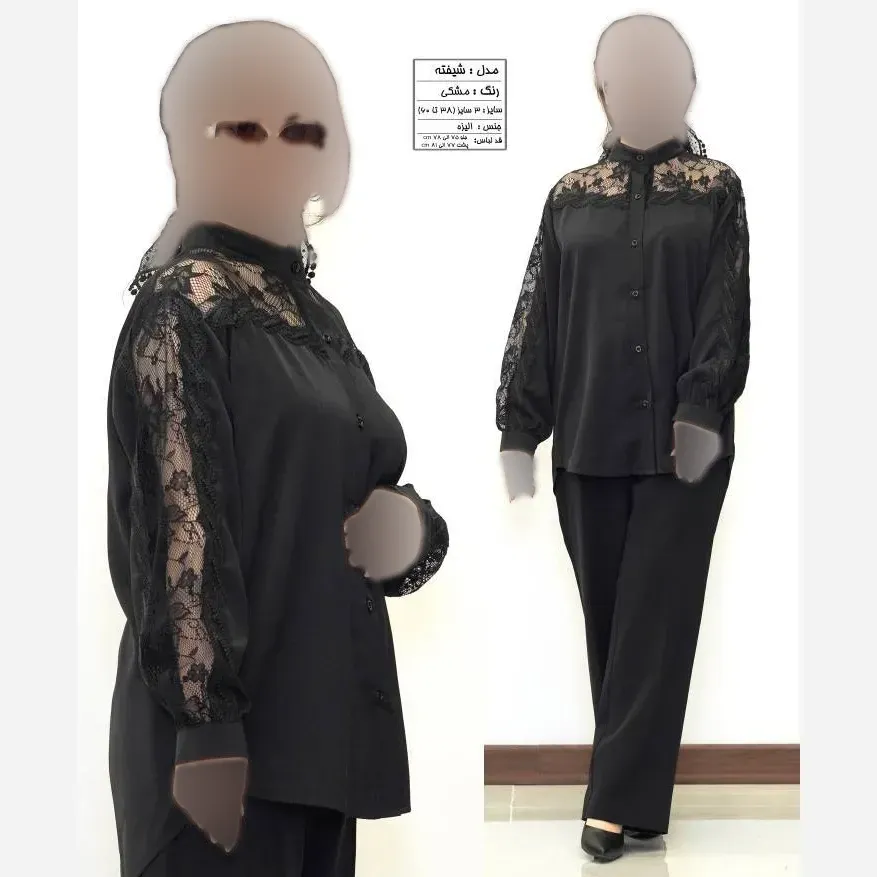 شومیز زنانه کرپ الیزه مشکی دکمهدار با خرجکار نوار قلاببافی و تور سایز 38 تا 60