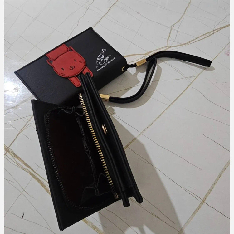 کیف پول چرم طبیعی مردانه مدل cat رنگ مشکی با جای کارت و آلبوم عکس