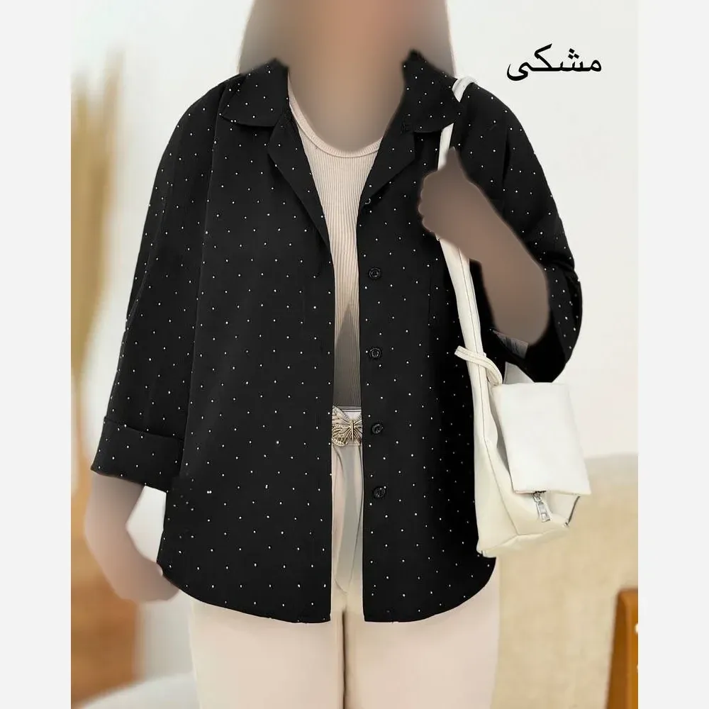 شومیز زنانه نگین دار طرحدار جنس شانتون درجه یک رنگ مشکی فری سایز 36 تا 46