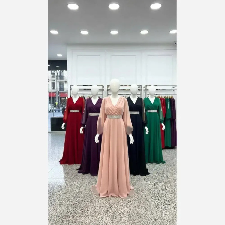 پیراهن ماکسی زنانه مجلسی حریر کمربند دار با خرج کار لواشکی قد 155