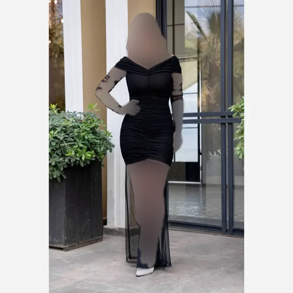 پیراهن مجلسی زنانه مدل هاریکا جنس فلامنت و تور رنگ مشکی قد 150