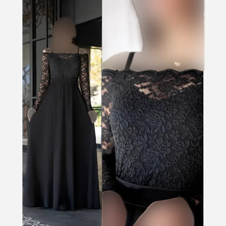 پیراهن مجلسی زنانه مدل طلا جنس ساتن و گیپور برجسته رنگ مشکی قد 160