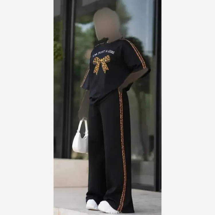 ست تیشرت و شلوار زنانه مدل کاسپین جنس اسپان گلکسی رنگ مشکی فری سایز