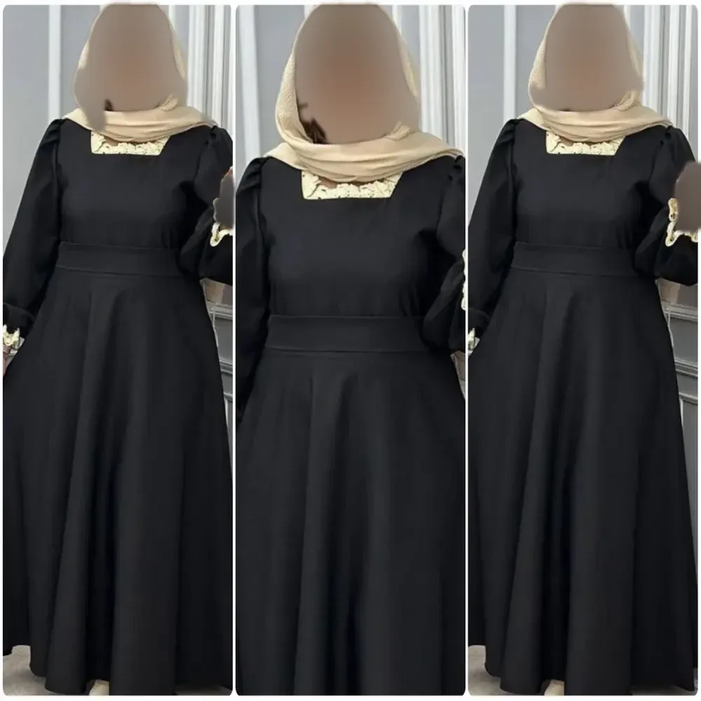 پیراهن زنانه یقه گیپور شهرزاد جنس الیزه مشکی فری سایز 38 تا 46 با کمربند
