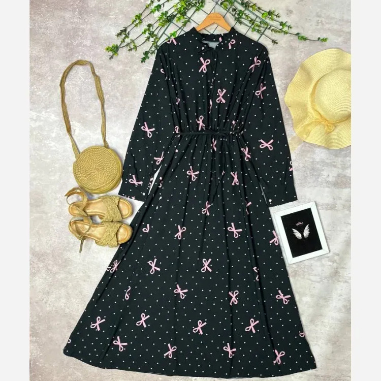 پیراهن زنانه مجلسی پاپیون دار جنس کرپ بوگاتی فری سایز مشکی