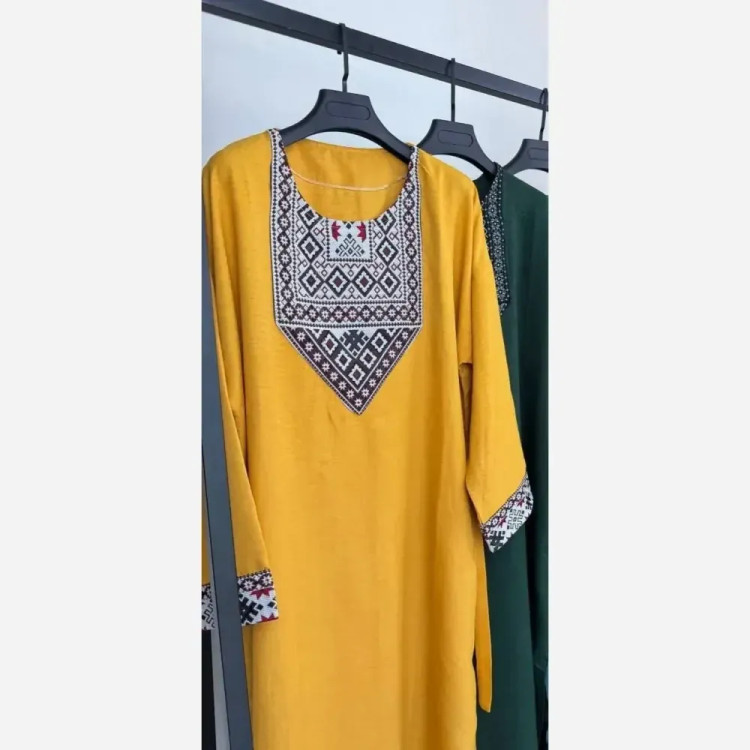 پیراهن زنانه مدل روژا جنس شانتون صوفیا رنگ خردلی سایز فری 38 تا 48