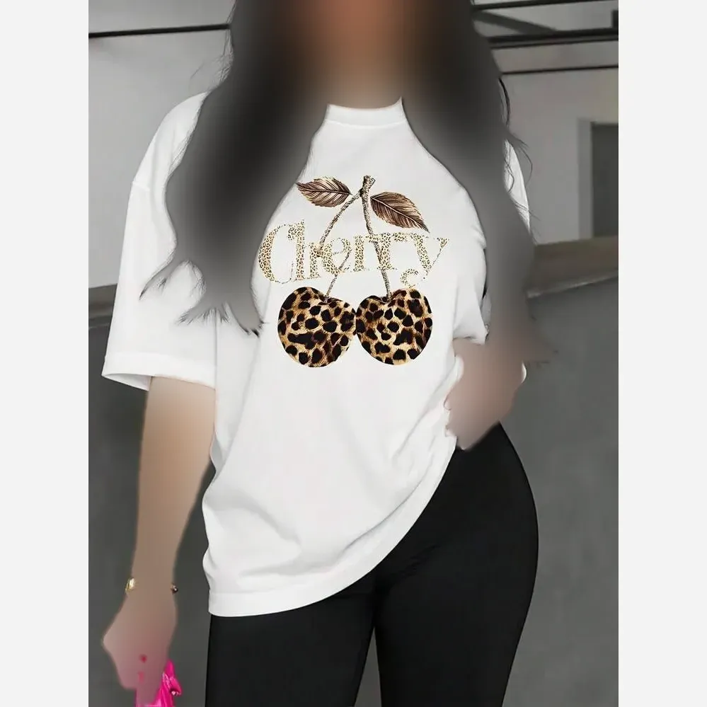تیشرت زنانه طرح CHERRY جنس سوپر پنبه رنگ سفید فری سایز 38 تا 48