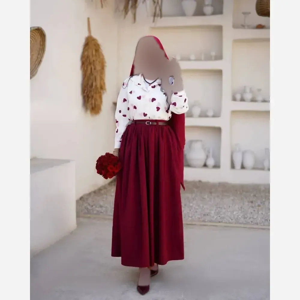 ست سه تیکه زنانه مدل قلبی پرنسس شامل شومیز بوگاتی و دامن داکرون فری سایز تا 46