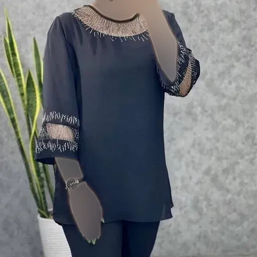 شومیز زنانه قواره دار مدل شیما سایز بزرگ تا 60 با تزئین نگین DMC