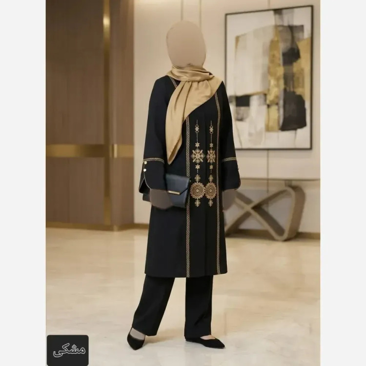 مانتو گلدوزی شده زنانه مدل آوا پارچه شانتون اسلپ سایز 36 تا 56