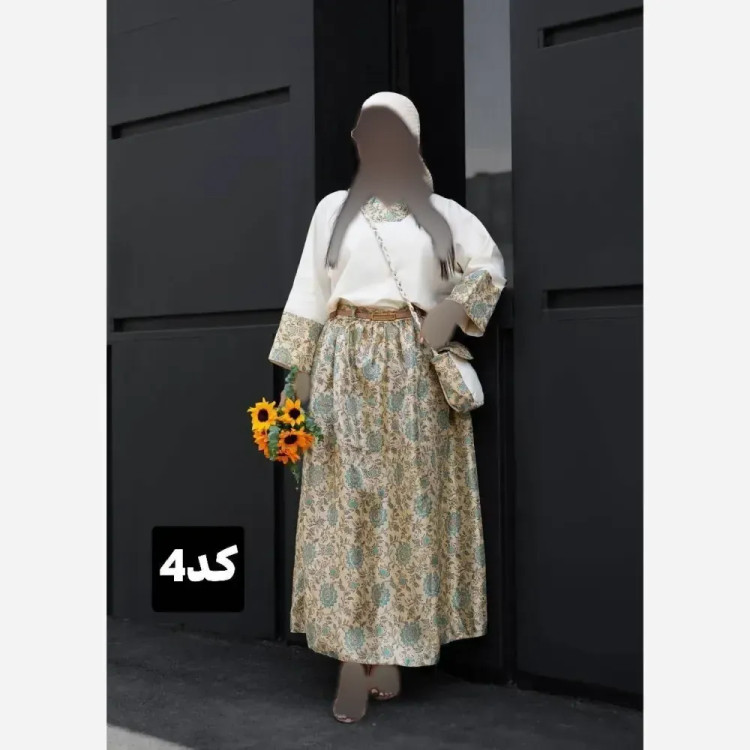 ست 4 تیکه زنانه کاترینا شامل شومیز لنین و دامن بوگاتی به همراه کیف و کمربند سایز 38 تا 46