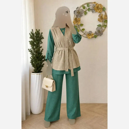 ست سه تیکه زنانه مدل مهرانه شامل شومیز شانتون صوفیا و وست گلگچی و شلوار فری سایز
