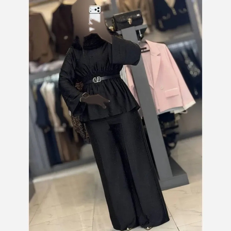 ست شومیز و شلوار زنانه مجلسی ساتن ویونا نگیندار مشکی