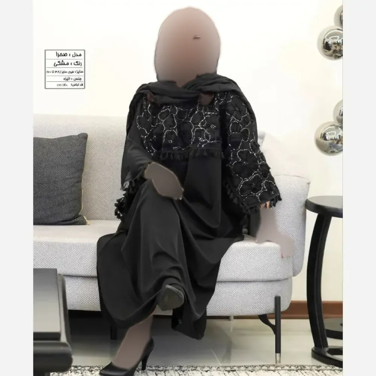 پیراهن زنانه مدل صحرا جنس کرپ الیزه مشکی فری سایز 38 تا 60 با خرجکار روبان دوزی و پولک دوزی قد 140