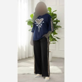 ست دو تیکه تیشرت و شلوار بگ زنانه طرح قلب پلنگی جنس گلکسی پنبه فری سایز تا 48