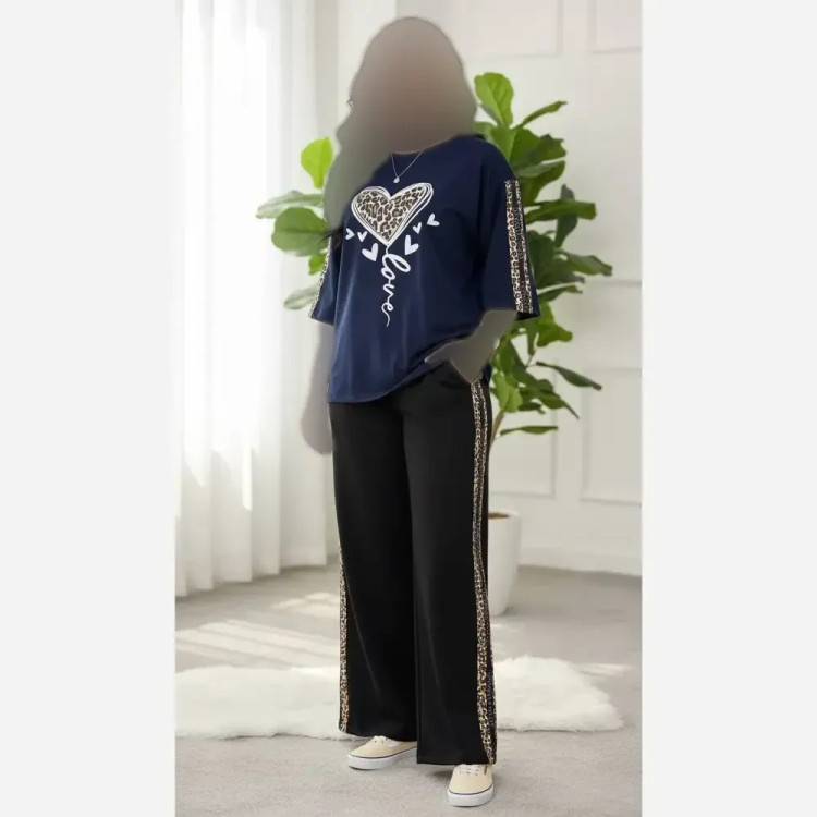 ست دو تیکه تیشرت و شلوار بگ زنانه طرح قلب پلنگی جنس گلکسی پنبه فری سایز تا 48