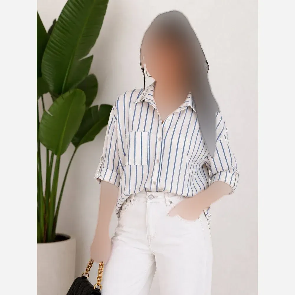 شومیز باکسی لنین راه راه زنانه آستین پاکتی فری سایز