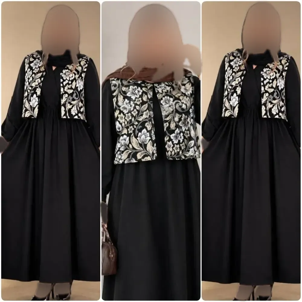 سارافن زنانه کریشه مشکی با جلیقه سوزن دوزی مدل نیوشا فری سایز