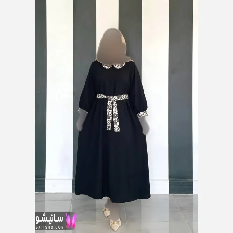 مانتو پیراهنی نوار پلنگی جنس لینزی خرجکار بوگاتی رنگ مشکی فری سایز