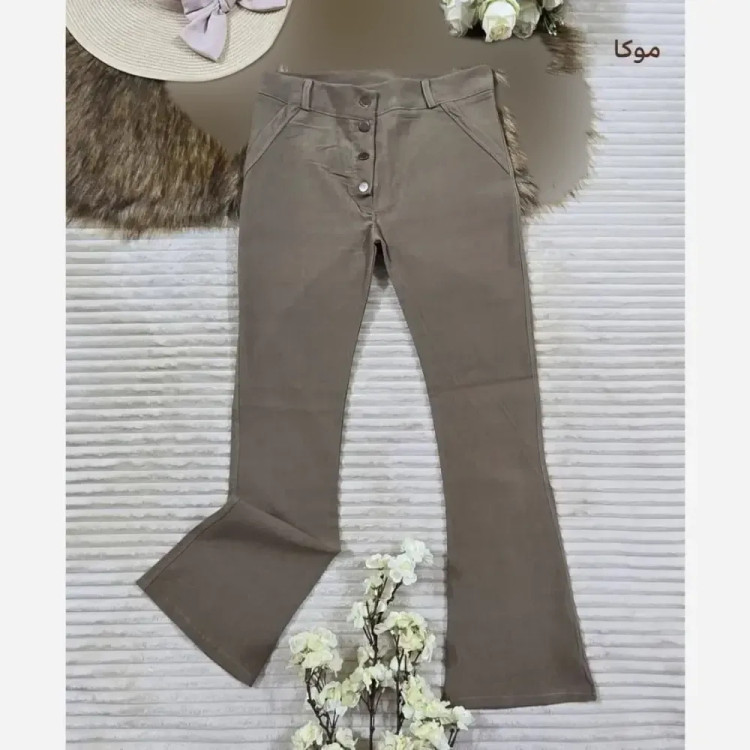 شلوار دمپا کتان کش زنانه جلو دکمه رنگ مشکی و قهوه ای و موکا سایز 40 تا 50