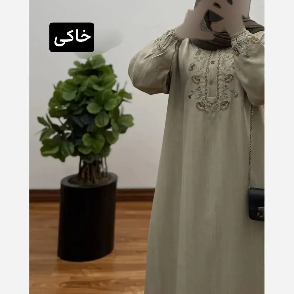 مانتو پیراهنی سایز بزرگ اویسا شانتون گلدوزی آستین بلند فری سایز مناسب بارداری شیردهی