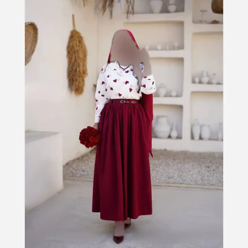 ست سه تیکه شومیز و دامن زنانه جنس بوگاتی و لنین پلاس رنگ زرشکی و قهوه ای سایز 1 و 2