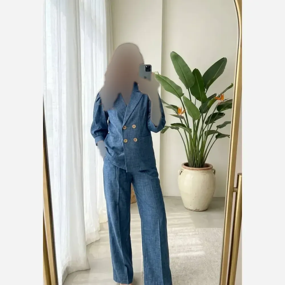کت شلوار زنانه مدل مایا جنس شانتون نخ وارداتی رنگ اقاینوسی سرمه طوسی زیتونی