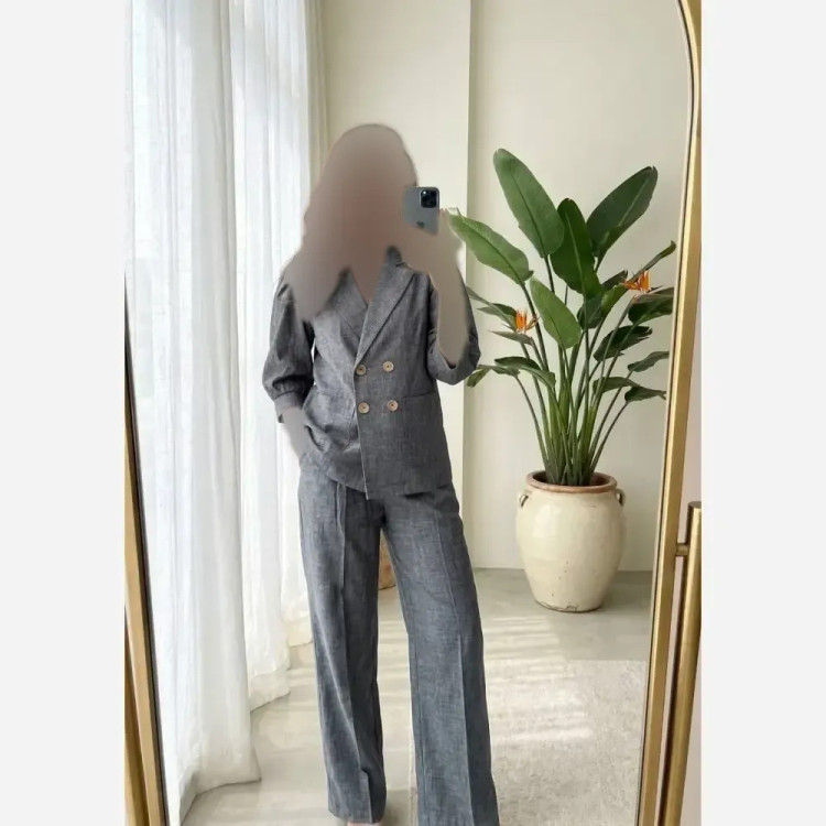 کت شلوار زنانه مدل مایا جنس شانتون نخ وارداتی رنگ اقاینوسی سرمه طوسی زیتونی