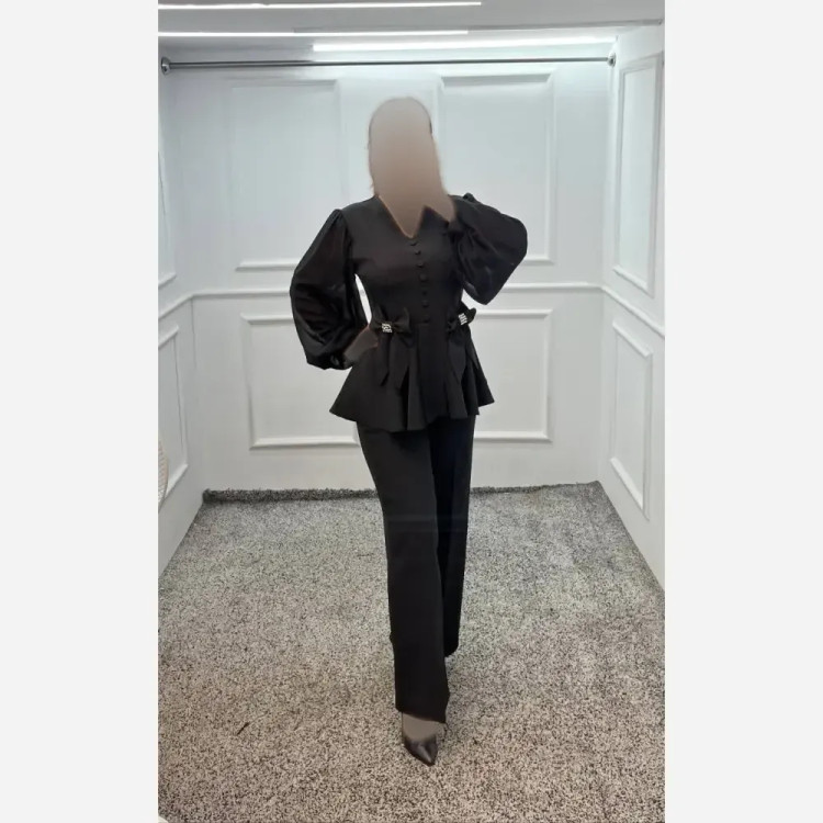 ست شومیز و شلوار زنانه مازراتی و حریر ققنوس مشکی سفید سایزبندی کامل