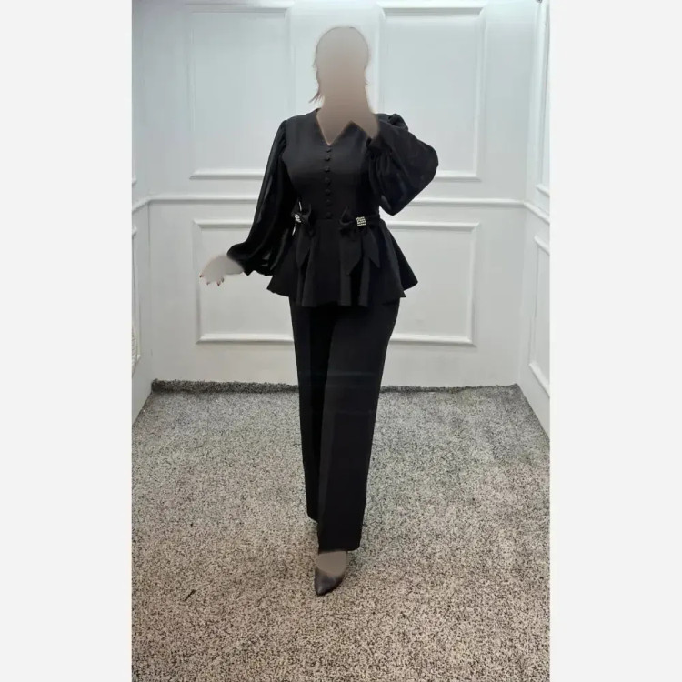 ست شومیز و شلوار زنانه مازراتی و حریر ققنوس مشکی سفید سایزبندی کامل