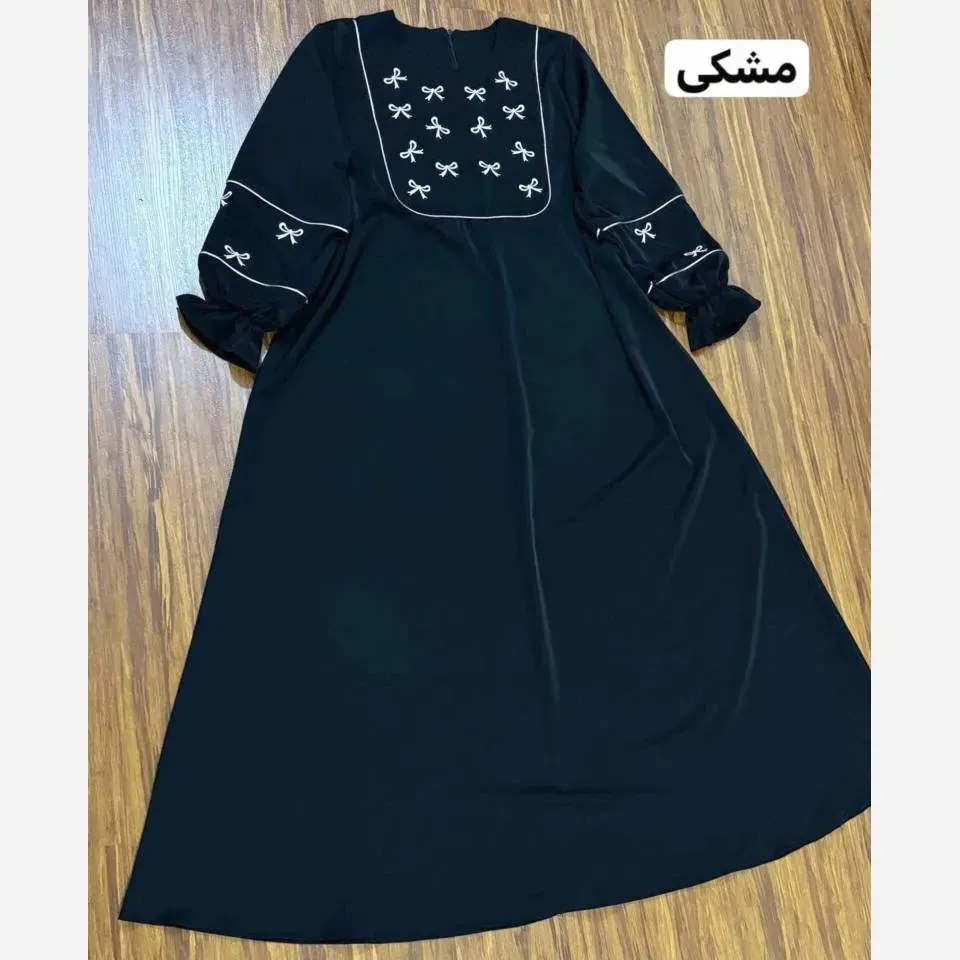 مانتو عبایی پاپیون الیزه درجه یک فری سایز 38-50 گلدوزی نقره ای