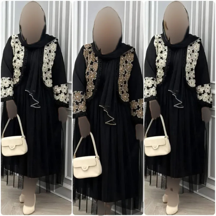 سه تیکه کت و دامن و شال مدل روناک مازراتی خرجکار هندی و تور زنانه فری سایز موکا کرم