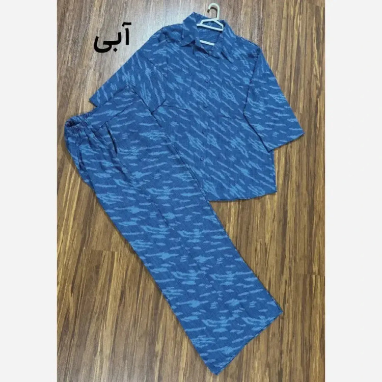ست شومیز و شلوار طرح ابری جنس شانتونه کسمه ژاکارد فری سایز سبز کرم آبی