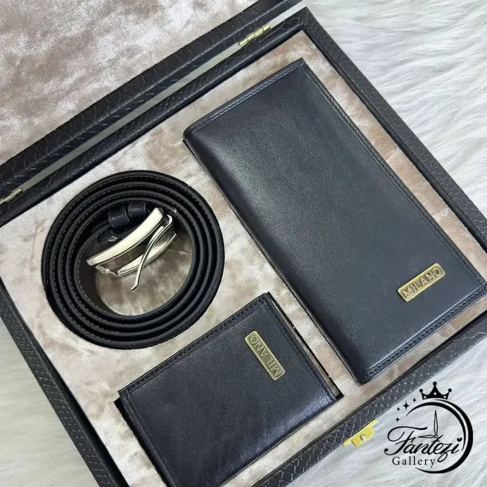 پک مردانه چرم شامل کیف پول جاکارتی و کمربند رنگ مشکی و عسلی