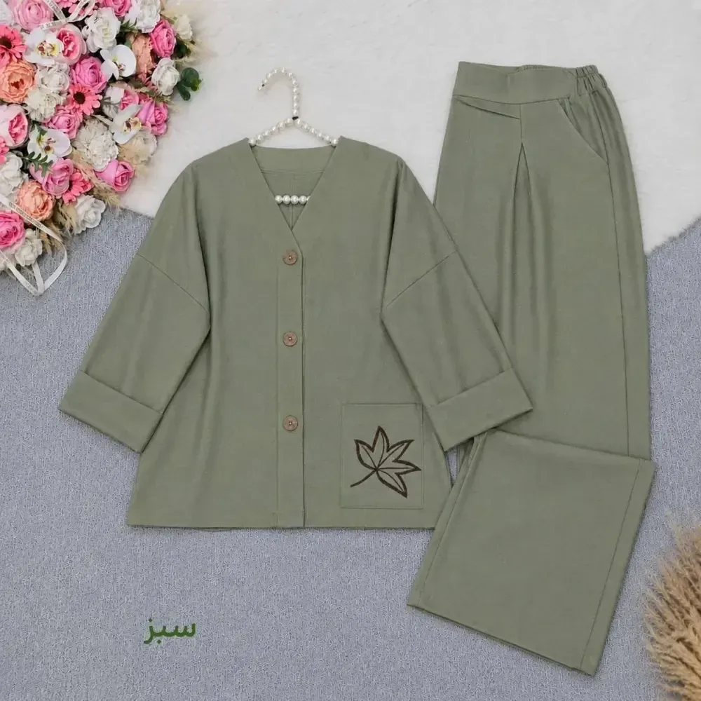 ست مانتو و شلوار گلبرگ لینن کجراه ترک فری سایز