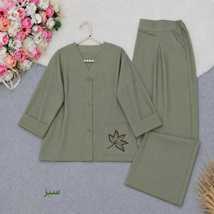 ست مانتو و شلوار گلبرگ لینن کجراه ترک فری سایز